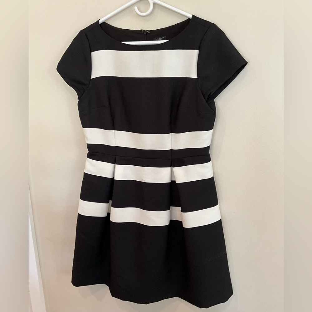Ann Taylor Fit & Flare Black & champagne striped dress
